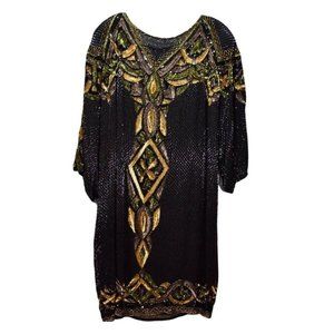 Women's Vintage Oleg Cassini Beaded Silk 3/4 Sleeve Formal Evening Dress M